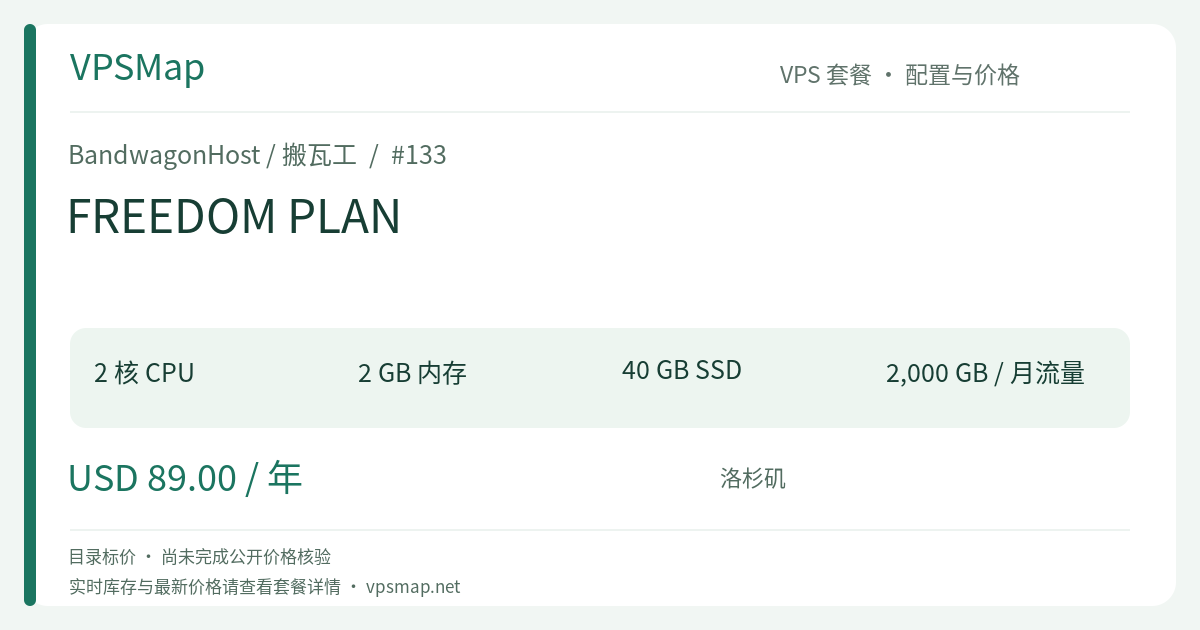 BandwagonHost / BandwagonHost FREEDOM PLAN 的配置与 Price 记录卡片