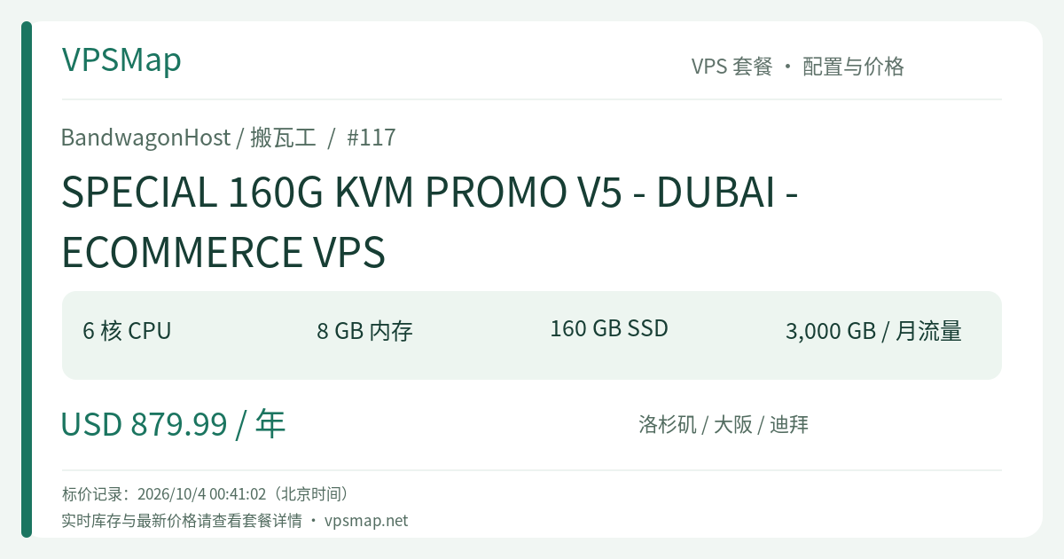 BandwagonHost / BandwagonHost SPECIAL 160G KVM PROMO V5 - DUBAI - ECOMMERCE VPS 的配置与 Price 记录卡片