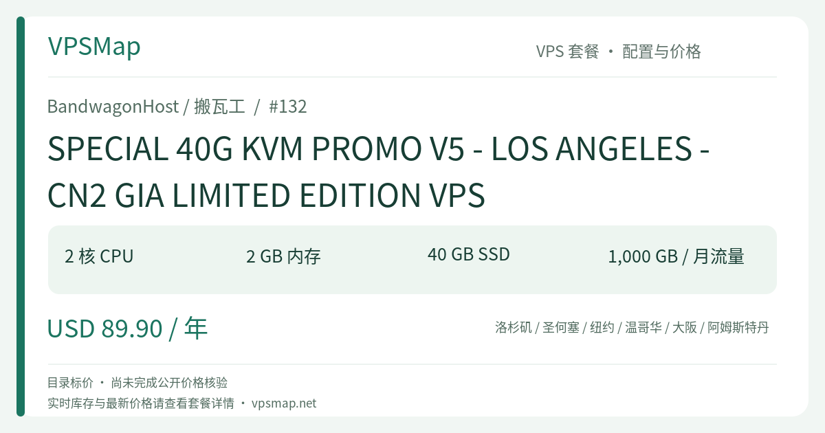 BandwagonHost / BandwagonHost SPECIAL 40G KVM PROMO V5 - LOS ANGELES - CN2 GIA LIMITED EDITION VPS 的配置与 Price 记录卡片