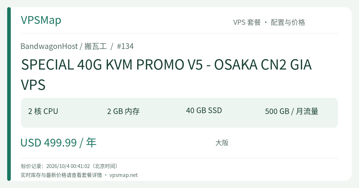 BandwagonHost / BandwagonHost SPECIAL 40G KVM PROMO V5 - OSAKA CN2 GIA VPS 的配置与 Price 记录卡片