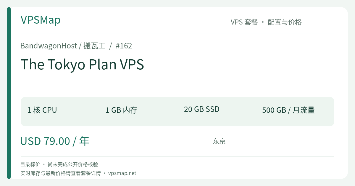 BandwagonHost / BandwagonHost The Tokyo Plan VPS 的配置与 Price 记录卡片