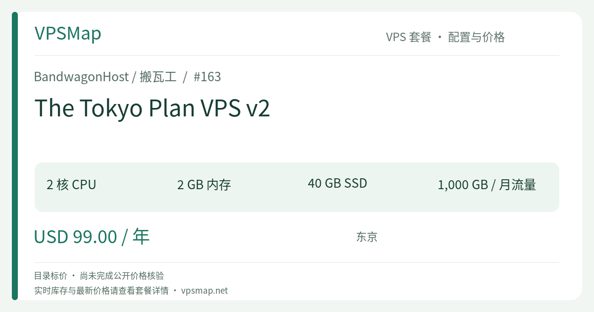 BandwagonHost / BandwagonHost The Tokyo Plan VPS v2 的配置与 Price 记录卡片