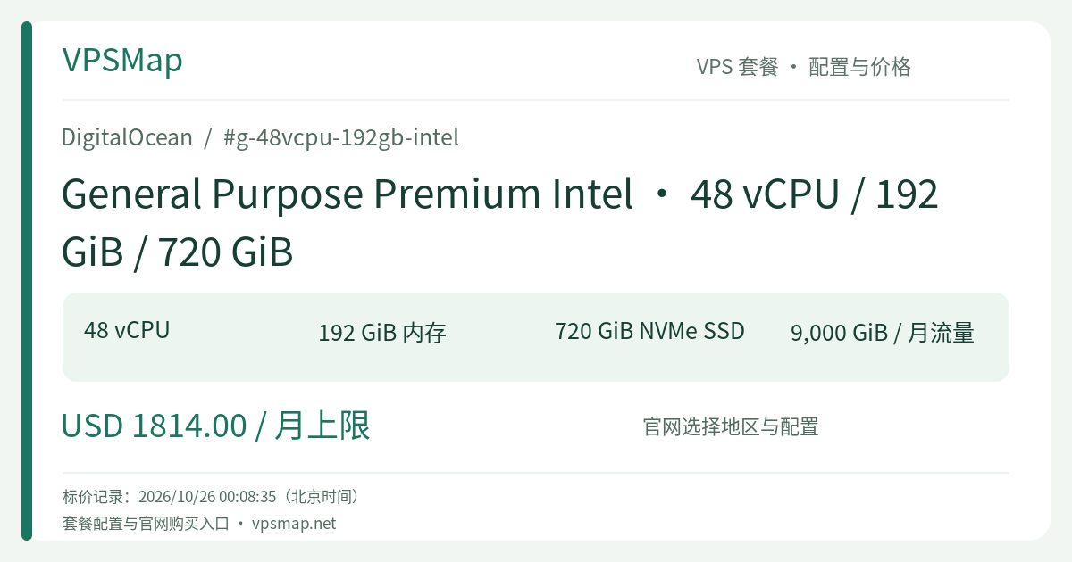DigitalOcean General Purpose Premium Intel · 48 vCPU / 192 GiB / 720 GiB 的配置与价格记录卡片