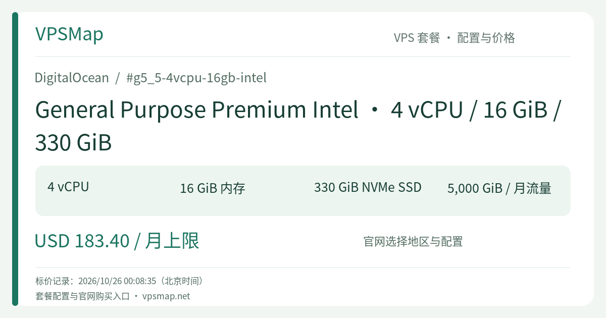 DigitalOcean General Purpose Premium Intel · 4 vCPU / 16 GiB / 330 GiB 的配置与价格记录卡片