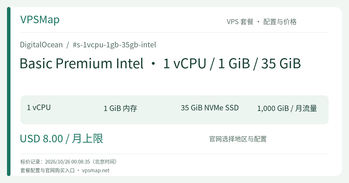 DigitalOcean Basic Premium Intel · 1 vCPU / 1 GiB / 35 GiB 的配置与价格记录卡片