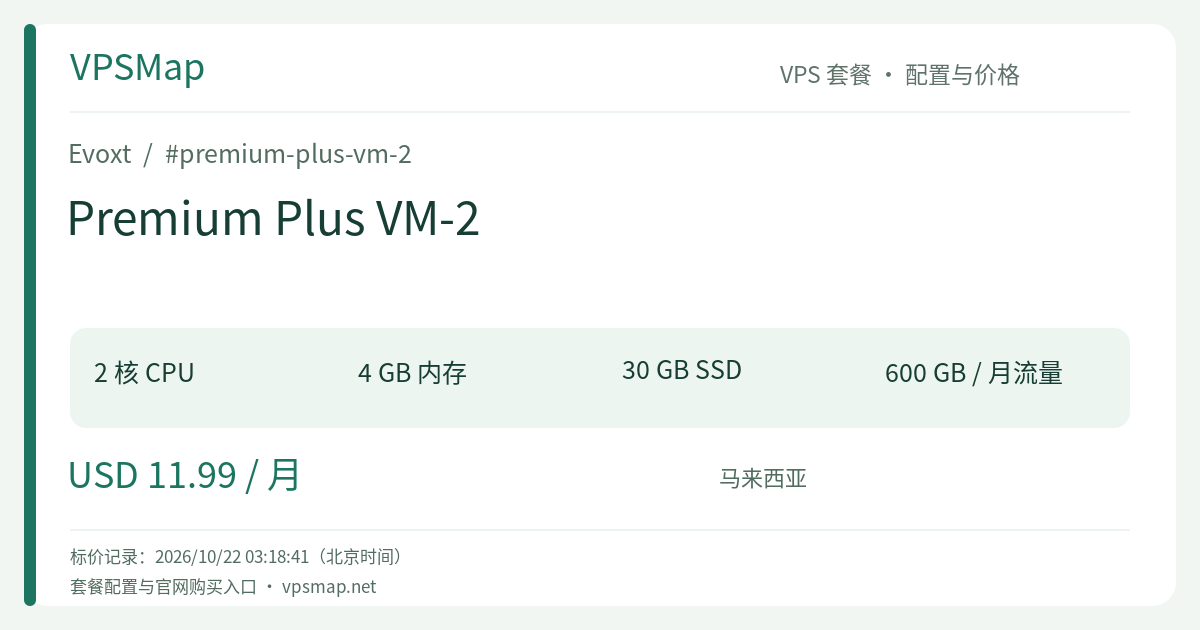 Evoxt Premium Plus VM-2 的配置与价格记录卡片