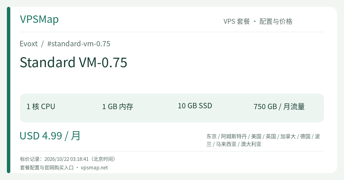 Evoxt Standard VM-0.75 的配置与价格记录卡片