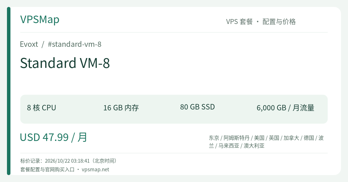 Evoxt Standard VM-8 的配置与价格记录卡片