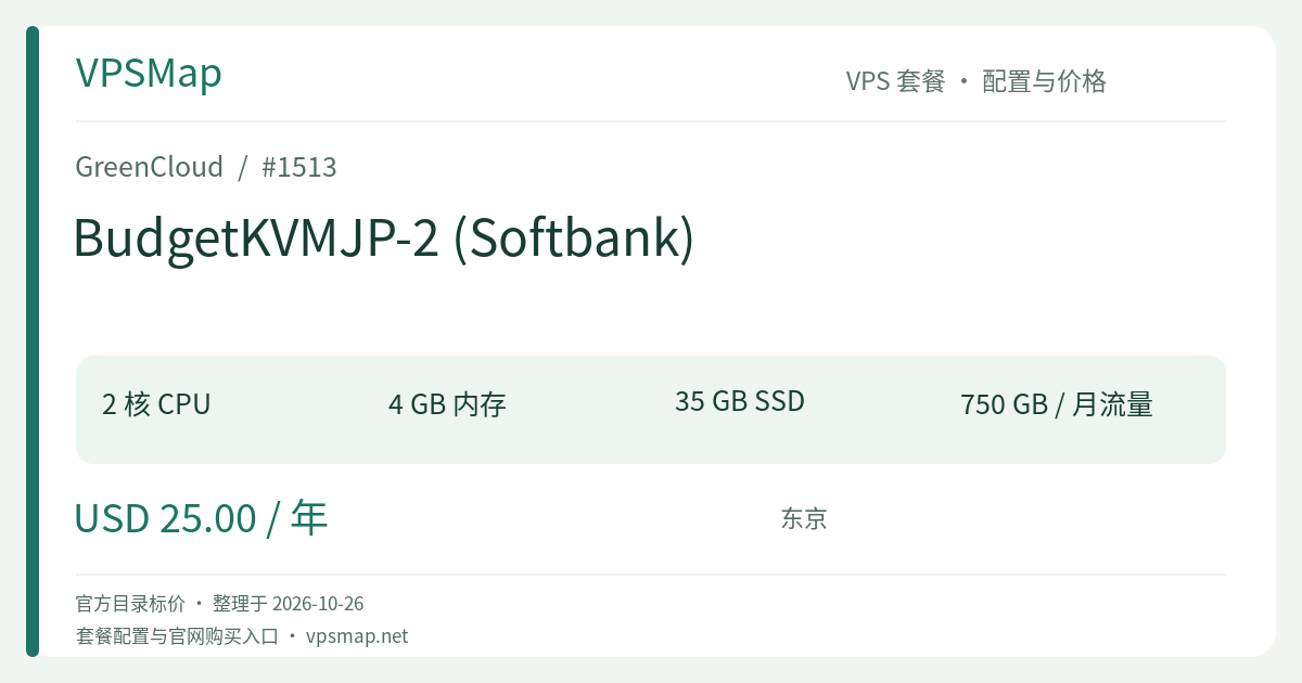 GreenCloud BudgetKVMJP-2 (Softbank) 的配置与价格记录卡片