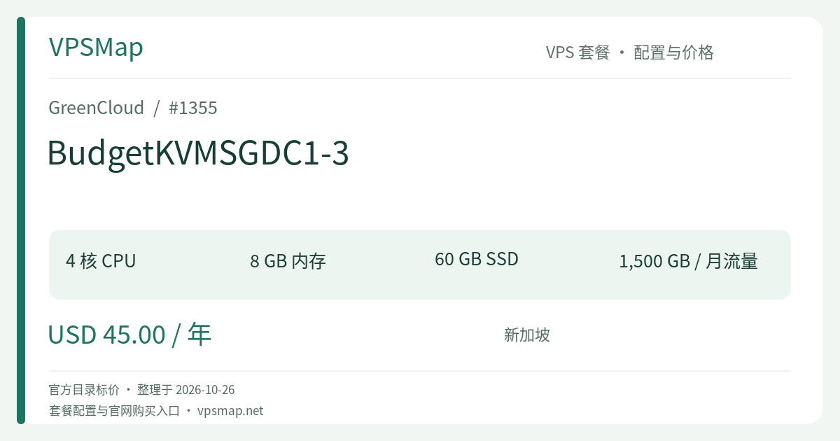 GreenCloud BudgetKVMSGDC1-3 的配置与价格记录卡片