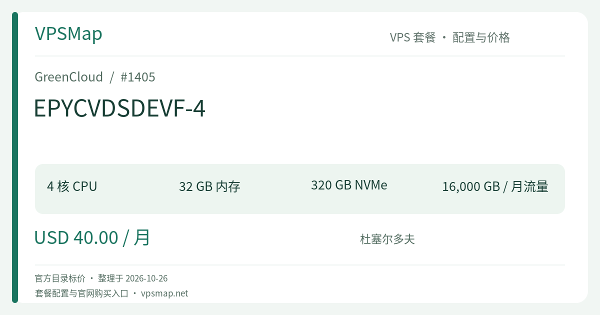 GreenCloud EPYCVDSDEVF-4 的配置与价格记录卡片