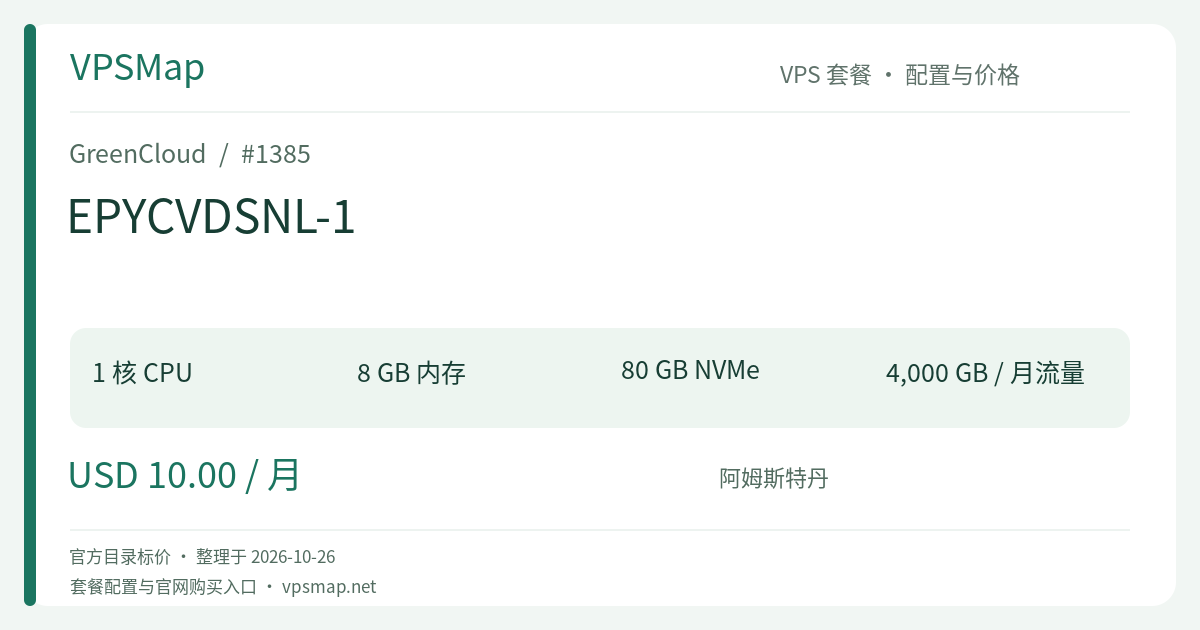 GreenCloud EPYCVDSNL-1 的配置与价格记录卡片