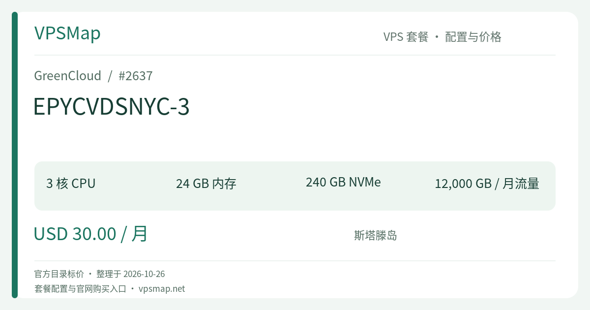GreenCloud EPYCVDSNYC-3 的配置与价格记录卡片