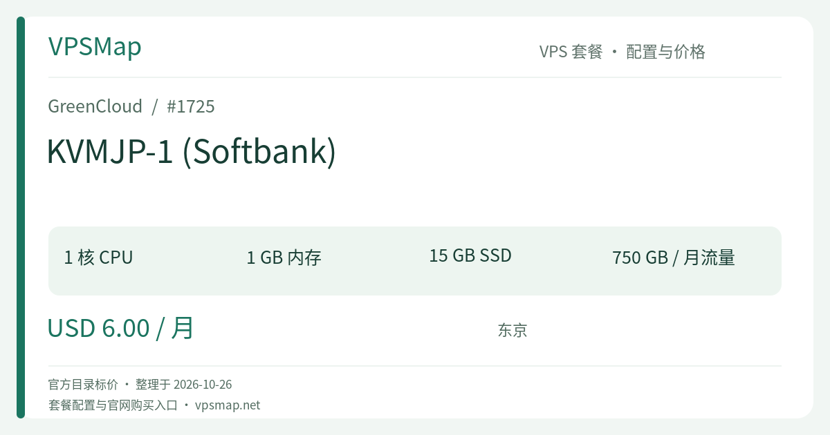 GreenCloud KVMJP-1 (Softbank) 的配置与价格记录卡片