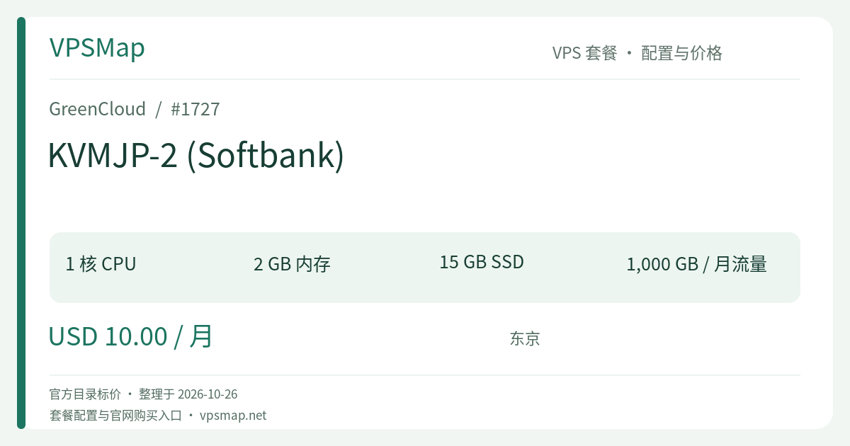 GreenCloud KVMJP-2 (Softbank) 的配置与价格记录卡片