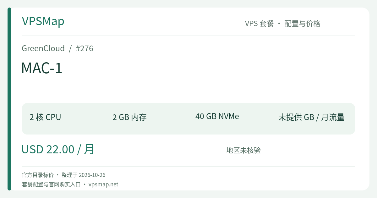 GreenCloud MAC-1 的配置与价格记录卡片