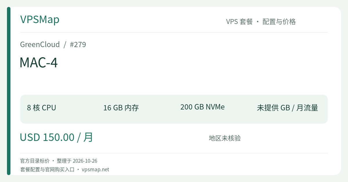 GreenCloud MAC-4 的配置与价格记录卡片