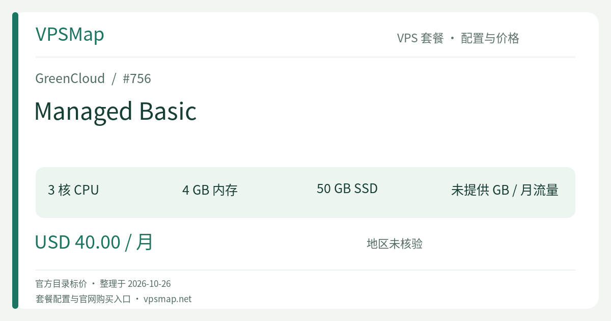 GreenCloud Managed Basic 的配置与价格记录卡片