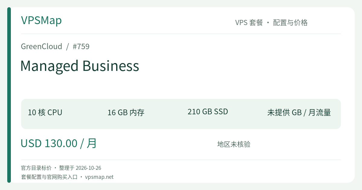 GreenCloud Managed Business 的配置与价格记录卡片