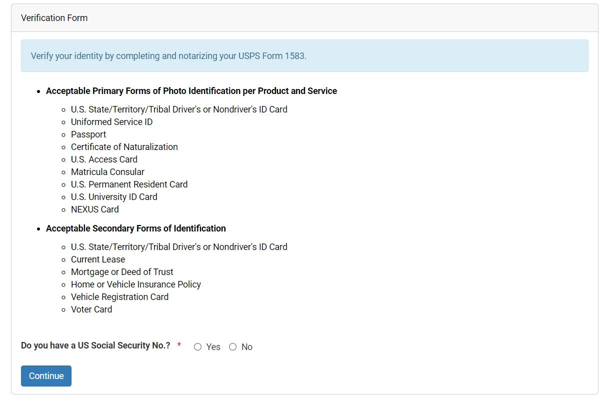 ID Types and SSN Options Listed on Anytime Mailbox's Official Verification Page